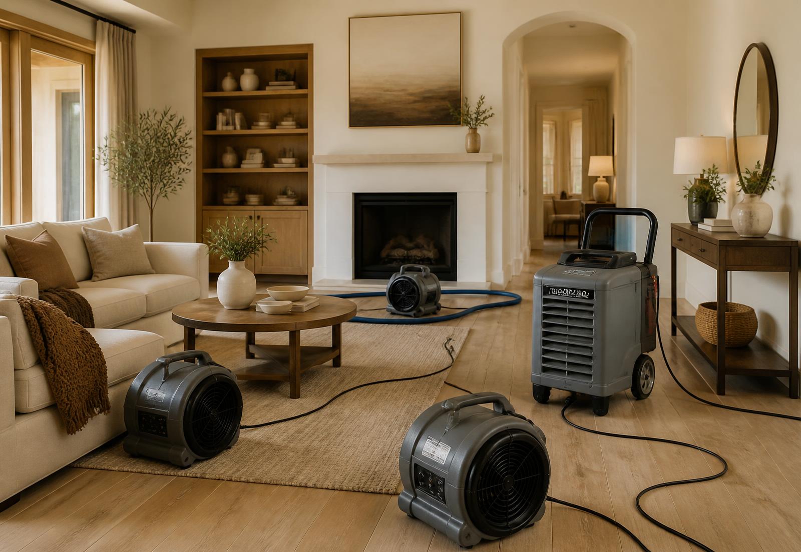 Air movers and a dehumidifier drying a warm, modern living room after water damage