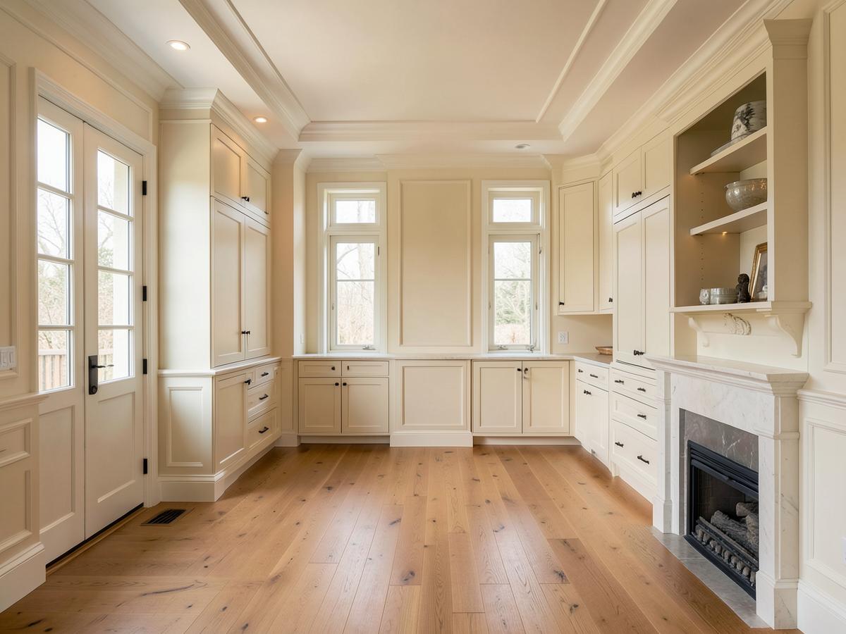 Newly rebuilt home interior with cream cabinetry and warm oak flooring