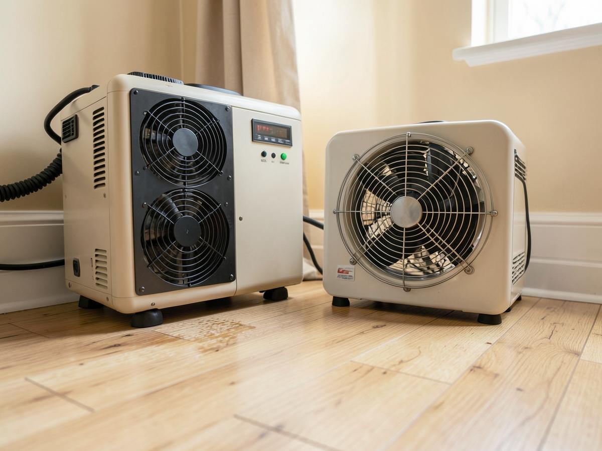 Dehumidifier and air mover drying hardwood flooring in a cream-walled home